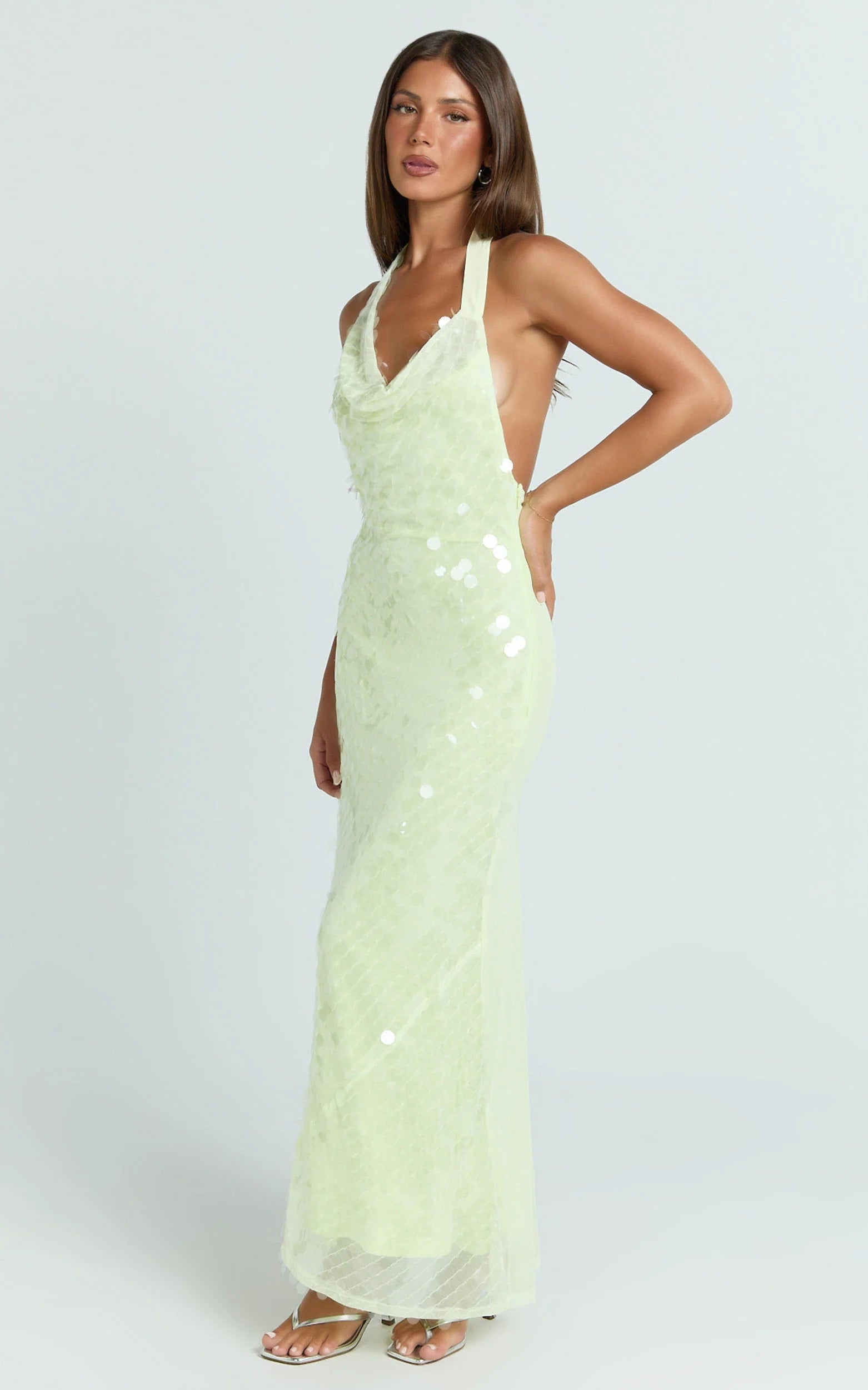 Lucy Maxi Dress - Sequin Cowl Neckline Dress in Citrus