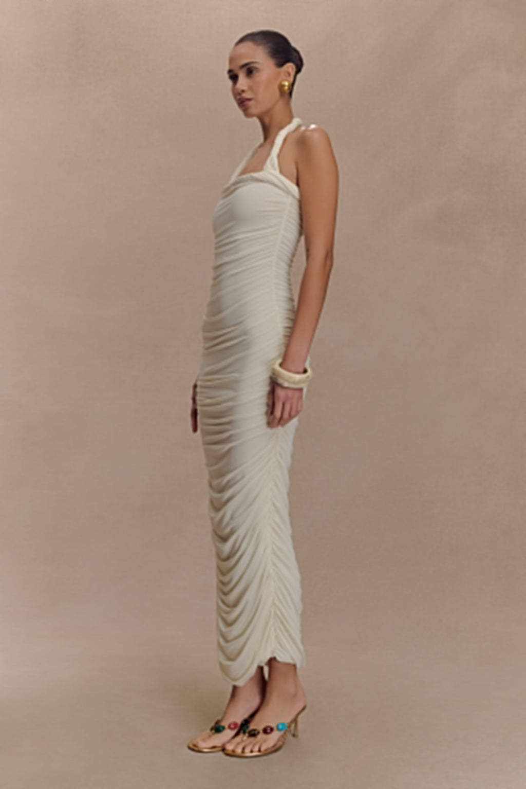 Camila Ruched Halter Midi Dress - Ivory